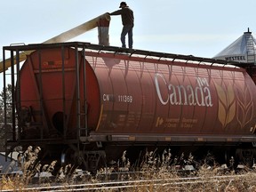 A farmer loads wheat into a rail car in Alberta. Canada posted a $3.4 billion trade deficit in May, with exports of crude oil and wheat decreasing the most.