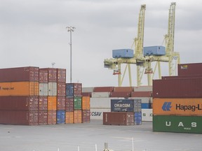 Shipping containers are shown at the Port of Montreal, Sunday, April 25, 2021.