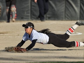 Team Canada shortstop Janet Leung dives for the ball during the Canada Cup tournament that wrapped up July 16 at Softball City.