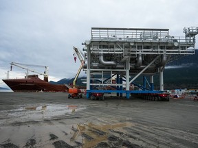A module that arrived by ship is seen at the dock at the LNG Canada export terminal under construction in Kitimat, B.C., on Wednesday, Sept. 28, 2022.
