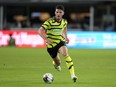 Arsenal midfielder Declan Rice drives the ball in the second half of the MLS All-Star soccer match against the MLS All-Stars, Wednesday, July 19, 2023, in Washington.