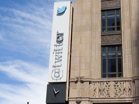 A partially removed sign at Twitter headquarters in San Francisco, on July 24, 2023.