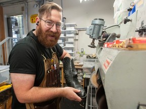 Patrick Nijdam at work at Quick Cobbler in Vancouver on Friday, July 28, 2023. Nijdam won the 80-year-old Robert DiRinaldo Grand Silver Cup in the Shoe Service Institute of America's 2023 Silver Cup contest. His dad (and business partner) Ronald won the award in 2019.