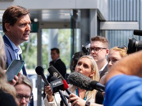 B.C. Premier David Eby talks to reporters as he arrives at the Canadian premiers and National Indigenous Organizations meeting in Winnipeg this week.