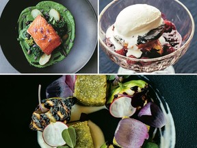 Clockwise from top left: seared wild salmon, grilled peach and raspberry Melba, and grilled pattypan squash, green polenta and garlic aioli. PHOTOS BY JEREMY KORESKI