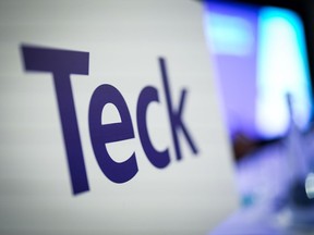 The Teck Resources logo is seen on a podium before the company's special meeting of shareholders, in Vancouver, B.C., Wednesday, April 26, 2023.