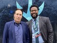 Dave Tomlinson (left) and Everett Fitzhugh are the radio play-by-play team for the Seattle Kraken. They worked their first game together on Saturday, Oct. 23, the inaugural home opener for the Kraken at Climate Pledge Arena.