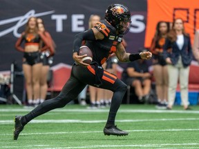 B.C. Lions quarterback Vernon Adams Jr. (3) runs down the field during the first half of a CFL football game against the Edmonton Elks, in Vancouver, on Saturday, June 17, 2023.