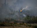 Wildfires in B.C. have prompted more than 70 evacuation alerts or orders, with many clustered in the province's central Interior. A firefighter directs water on a grass fire on an acreage behind a residential property in Kamloops, B.C., Monday, June 5, 2023.