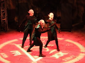 The three goblins — actors' names not revealed — in scenes from the Bard on the Beach production of Goblin:MacBeth.