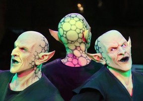 The three goblins — actors' names not revealed — in scenes from the Bard on the Beach production of Goblin:MacBeth.