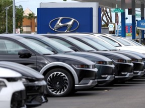New Hyundai cars are displayed on the sales lot at San Leandro Hyundai on May 30, 2023 in San Leandro, California.