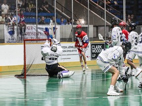 Frank Scigliano makes a save for the Langley Thunder in Game 5 action against the New Westminster Salmonbellies on Thursday.
