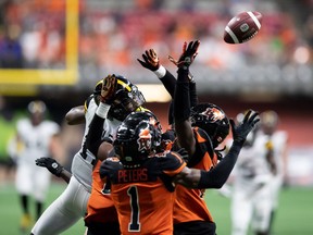 Garry Peters' interception on this Hail Mary pass against Hamilton last July sealed a 17-12 win over the Tiger-Cats at B.C. Place. The Lions are expecting another close game Saturday at the Dome.