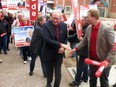 P.E.I. Liberal Party leader Wade MacLauchlan greets supporters ahead of a leaders debate in April 30, 2015.