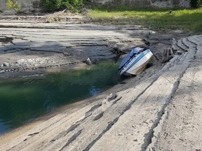 Water levels are so low on the Arrow Lakes this summer due to the prolonged drought and early snowmelt that this boat has been left high and dry.