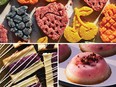 Clockwise from top: rainbow fruit polvoron (shortbread cookies), strawberry shortcake sapin-sapin (layered rice cake), and ube cheesecake bars with a sesame cracker crust. PHOTOS BY NICO SCHINCO