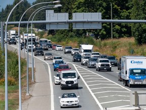 Early afternoon traffic on the Trans-Canada Highway at 264th Street in Langley on Aug. 11, 2023.