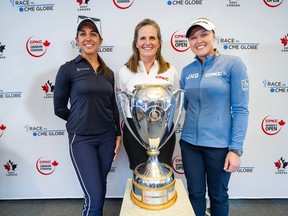 Defending champion Paula Reto, Canadian Golf Hall of Famer Lorie Kane and 13-time LPGA Tour winner, Brooke Henderson at CPKC Women's Open Media Day at Shaughnessy Golf and Country Club in Vancouver, BC., July 10, 2023.