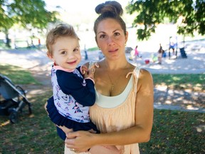 Amy Fabbiano with daughter Isabella at David Livingstone Park in Vancouver. Isabella is on the waitlist at Douglas Park Academy, a daycare that was trying to expand from eight spaces to 16, but was rejected by city hall.