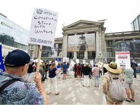 UBCP/ACTRA, IATSE Local 891 and Teamsters 155, with support from DGC-BC and ICG 699 participate in a solidarity rally for striking Screen Actors Guild outside Vancouver Art Gallery in Vancouver, B.C., August 25, 2023.