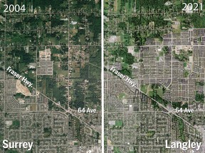 Satellite imagery shows forest loss between 2004 and 2021 from residential development on the border of Surrey and Langley, in B.C.