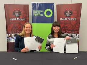 Fortescue Future Industries CEO Julie Shuttleworth and Lheidli T'enneh Chief Dolleen Logan seen following the signing of a Memorandum of Understanding in 2021. Fortescue has now submitted a proposal for a hydrogen production facility in Prince George, the company announced Wednesday.