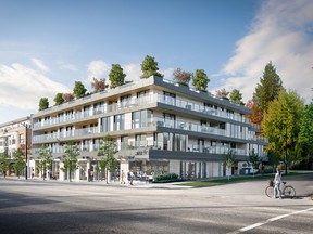 A rendering of an exterior view of the Dunbar and 39th development in Vancouver by Wesgroup developers. The ground floor is retail, with 29 one-, two- and three-bedroom residences on the remaining three floors above.