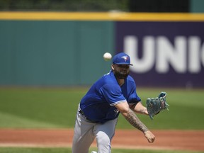 Toronto Blue Jays right-hander Alek Manoah has received multiple injections in his pitching arm in recent weeks and been shut down for the season, an online report said Thursday. Manoah pitches in the first inning of a baseball game against the Cleveland Guardians, in Cleveland, Thursday, Aug. 10, 2023.