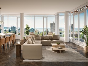 rendering of living room with ocean view