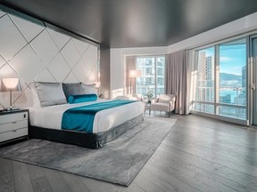 A room in the Paradox hotels with a spectacular view of Burrard Inlet and the North Shore mountains.