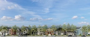 VANCOUVER, B.C.: Handout supporting illustrations of streetscapes for multiplex debate and decision at Vancouver City Hall on Friday, Sept. 14, 2023. Block model streetscape 50-foot lots in Killarney. Adding the missing middle housing in low density neighbourhoods. Handout image. Credit: City of Vancouver. For Dan Fumano