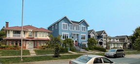 VANCOUVER, B.C.: Handout supporting illustrations of streetscapes for multiplex debate and decision at Vancouver City Hall on Friday, Sept. 14, 2023. Block model streetscape 50-foot lots in Killarney. Adding the missing middle housing in low density neighbourhoods. Handout image. Credit: City of Vancouver.