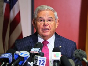 U.S. Sen. Bob Menendez (D-NY) speaks during a news conference in Union City, New Jersey, on September 25, 2023.
