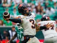 B.C. Lions quarterback Vernon Adams Jr. throws against the Roughriders during the first half of CFL football action on Aug. 20.