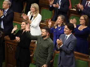 Ukrainian President Volodymyr Zelenskyy and Prime Minister Justin Trudeau join MPs in recognizing Yaroslav Hunka, who turned out to be a Nazi war veteran, in the House of Commons on September 22, 2023.