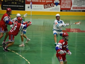 Cody Jamieson takes a shot for the Six Nations Chiefs in the Mann Cup against the New Westminster Salmonbellies, and wound up being the series' most valuable player.