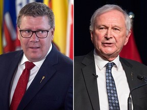 Saskatchewan Premier Scott Moe, left, and New Brunswick Premier Blaine Higgs.