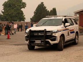 A Royal Canadian Mounted Police vehicle on duty during B.C. wildfire in August 2023.