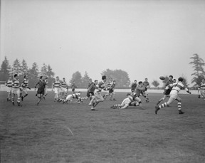 A 1938 photo from the City of Vancouver archives showing a rugby game between the Meralomas and the Rowing Club. - Photo credit: Stuart Thomson, City of Vancouver Archives