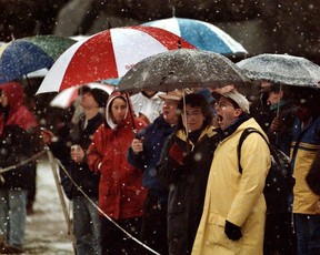 VANCOUVER, BC - Jan 20, 1996 - Despite the snow storm Vancouver Meralomas fans watch their team play Cowichan Bay during interlock rugby action play at Connaught Park. Province staff photo by Les Bazso. [PNG Merlin Archive]