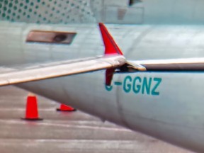 Closeup of the two wingtips touching after an Air Canada Rouge Airbus A319 clipped the wing of a parked Air Canada Jazz Express de Havilland Dash 8-400 at the domestic terminal at Vancouver International around 2:30 p.m. on Sunday, Sept. 3, 2023. It happened while the A319 was being pushed back from its gate in preparation for taxiing. No one was injured. Air Canada Rouge Airbus A319 clipped the wing of a parked Air Canada Jazz Express de Havilland Dash 8-400 at the domestic terminal at Vancouver International around 2:30 p.m. on Sunday, Sept. 3, 2023. It happened while the A319 was being pushed back from its gate in preparation for taxiing. No one was injured.