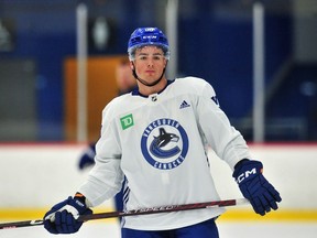Vancouver Canucks' Hunter Brzustewicz in action during development camp at the Doug Mitchel Thunderbird Stadium on July 4, 2023.