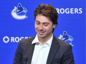 Newly named Canucks team Captain, Quinn Hughes, in action during a press conference at Rogers Arena on September 11, 2023.