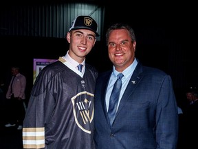 Goaltender Connor O'Toole, one of four Vancouver Warriors' first-round draft picks from this past week, and his father Pat O'Toole, who is a hall of fame NLL netminder.