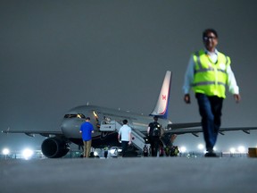 Canadian Prime Minister Justin Trudeau's plane is seen on the tarmac after being grounded due to a technical issue following the G20 Summit in New Delhi, India on Sunday, Sept. 10, 2023.