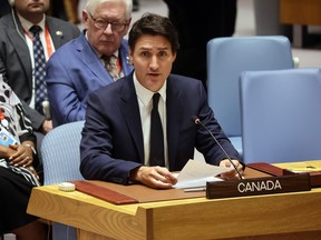 Prime Minister Justin Trudeau speaks at a UN Security Council meeting during the United Nations General Assembly (UNGA) on Sept. 20, 2023 in New York City.