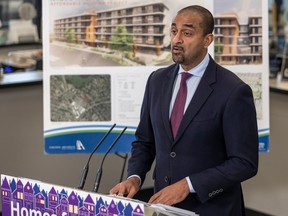 Ravi Kahlon, B.C. minister of housing, speaks at Saanich Municipal Hall announcing the province's work to set housing targets in communities with the greatest need in Victoria, B.C. September 26, 2023.