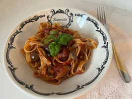 Tagliatelle with pancetta, olives, and capers. Handout/Maria Fazzari Larosa