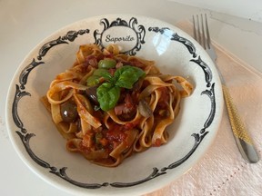 Tagliatelle with pancetta, olives, and capers. Handout/Maria Fazzari Larosa